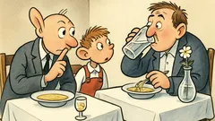 Vtip: Jé, taťuldo, ten pán jí polévku!