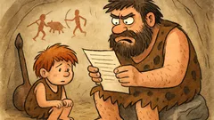 Vtip: Pračlověk si čte vysvědčení syna
