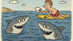 Vtip: Podél břehu plavou dva žraloci